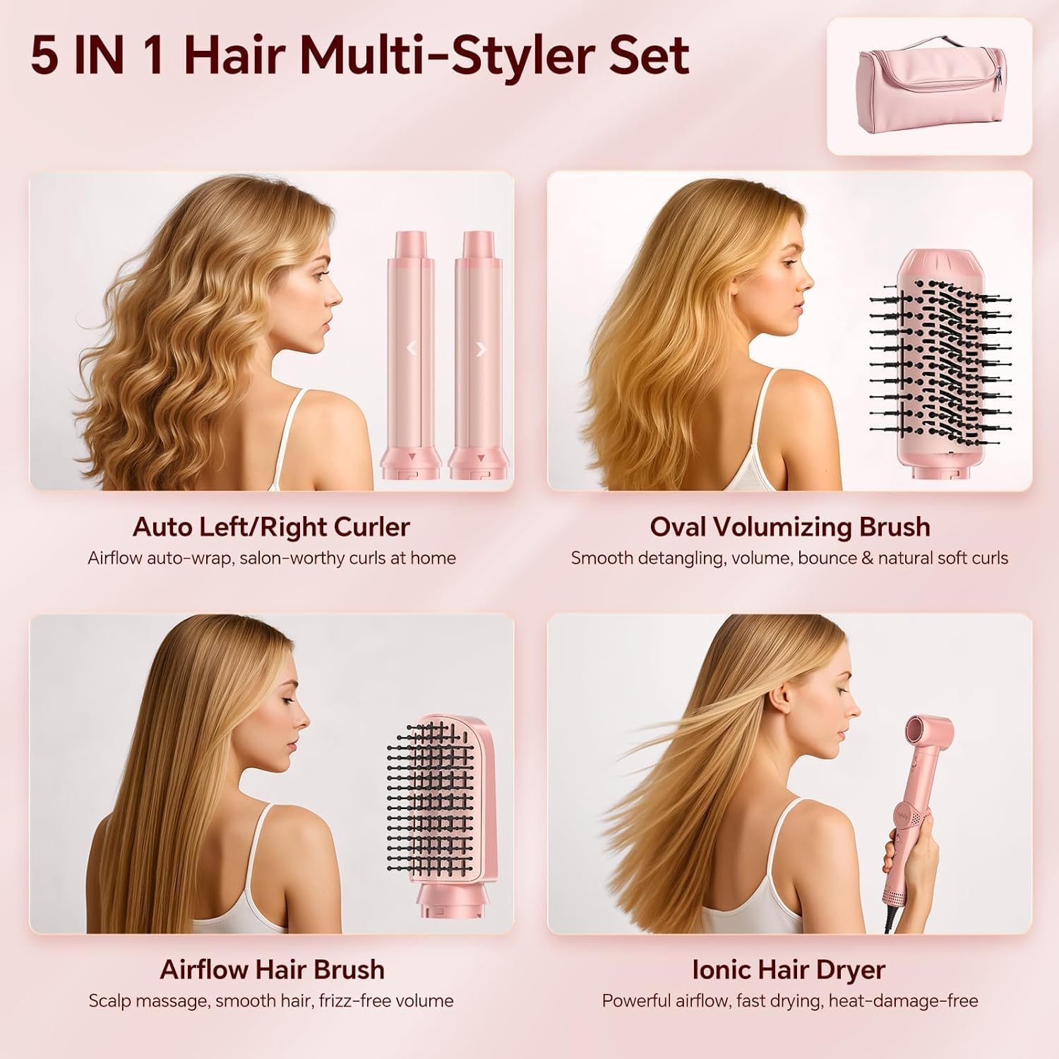 5 in 1 Hair Dryer Brush, High-Speed Auto Wrap Curling Brush with Interchangeable Heads, Negative Ionic Anti-Frizz Technology for Fast Drying & Volumizing,Includes Travel Case Gift for Women — image 2 of 9