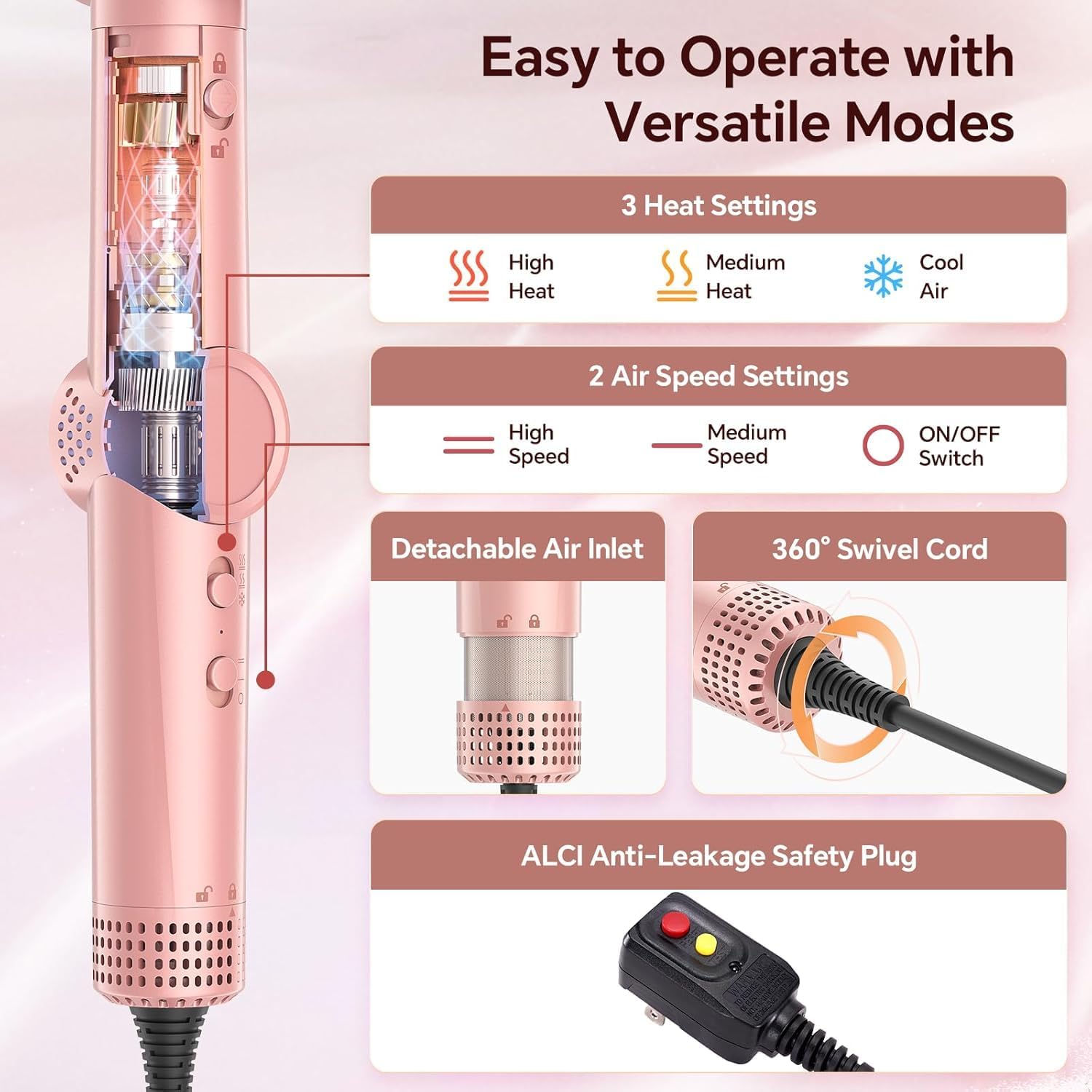 5 in 1 Hair Dryer Brush, High-Speed Auto Wrap Curling Brush with Interchangeable Heads, Negative Ionic Anti-Frizz Technology for Fast Drying & Volumizing,Includes Travel Case Gift for Women — image 8 of 9