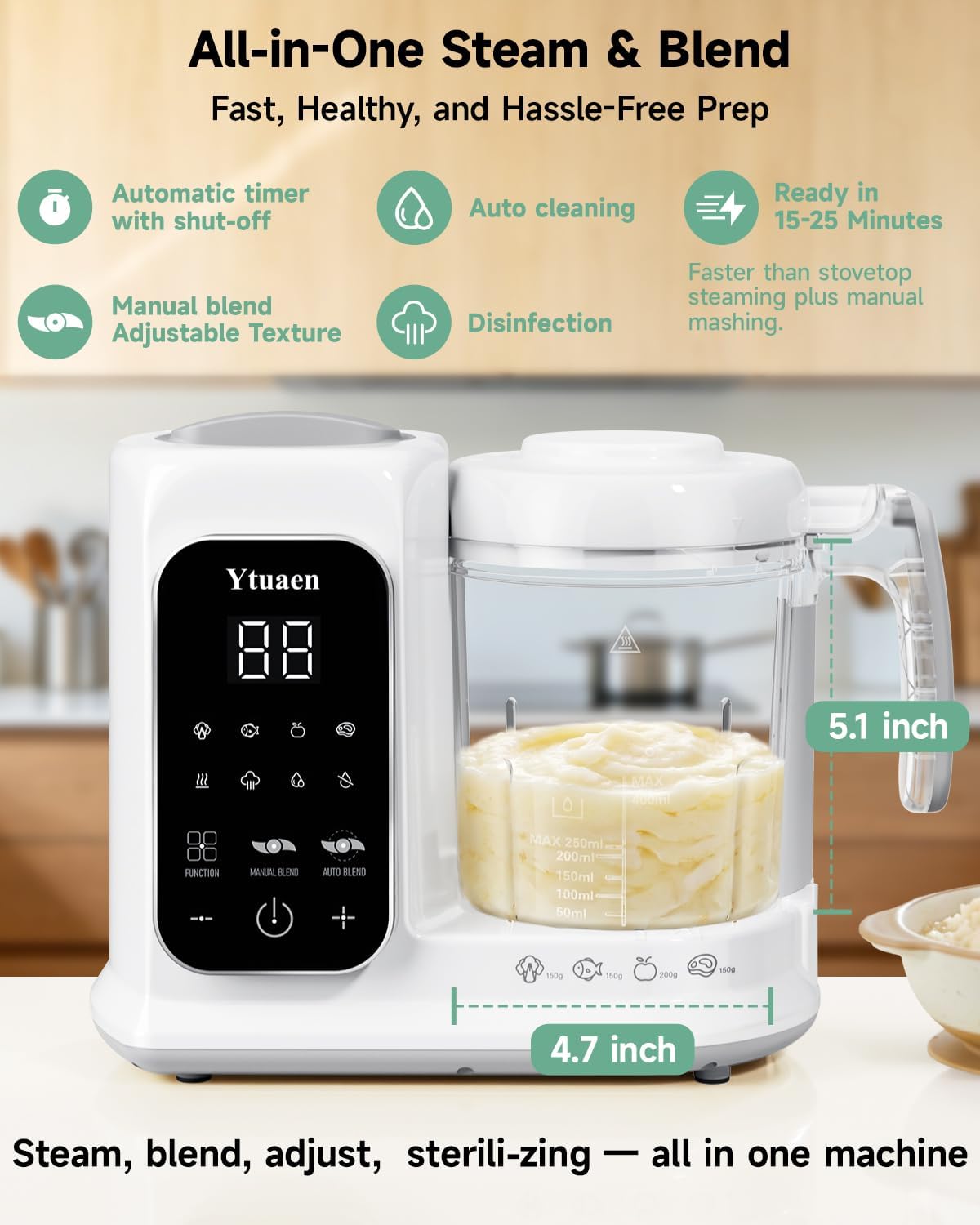 Baby Food Maker with Large Steam Basket Onestep Baby Food Processor Steamer with Steam & Grinding, Auto Cooking Self-Cleaning & Sterili-zing, BPA-Free for Healthy Homemade Baby Food — image 2 of 9