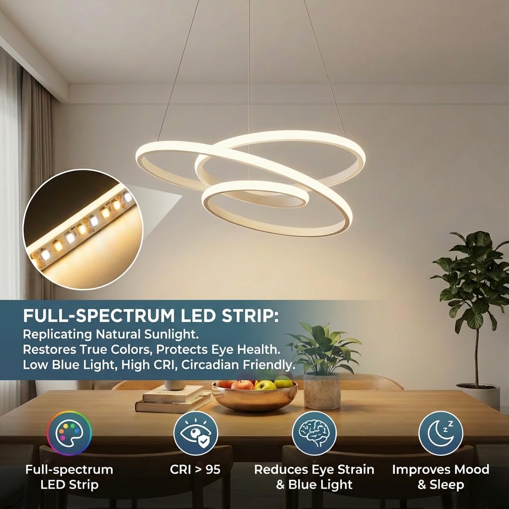 LED Round Chandelier, Dimmable Pendant Lights with Remote, Adjustable Hanging Lamp for Kitchen Island, Living & Dining Room, 3-Color Full Spectrum Ceiling Light Fixture, 68W, White — image 3 of 10