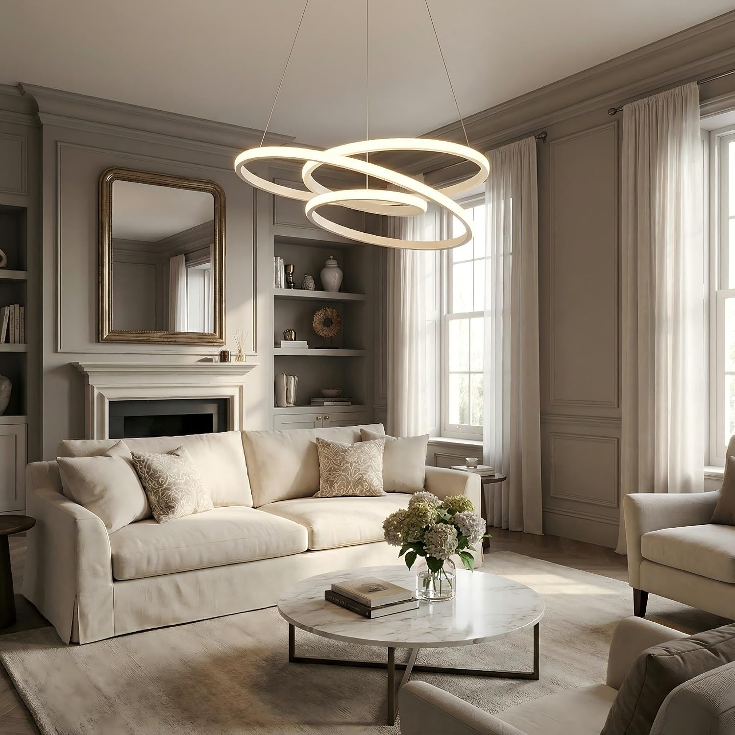 LED Round Chandelier, Dimmable Pendant Lights with Remote, Adjustable Hanging Lamp for Kitchen Island, Living & Dining Room, 3-Color Full Spectrum Ceiling Light Fixture, 68W, White — image 5 of 10