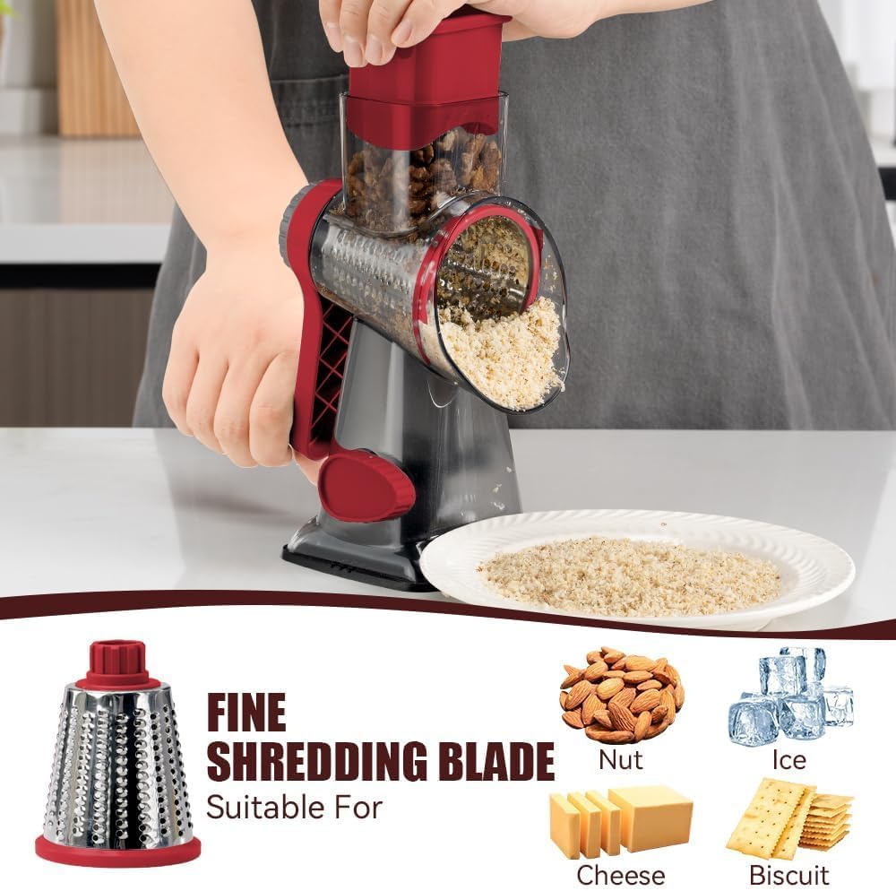 Rotary Cheese Grater Hand Crank Transparent - Shredder Slicer Grinder 3 Stainless Steel Blades, Stable Suction, Labor-Saving Handle, Safe Kitchen Tool for Cheese, Vegetable, Nuts, Chocolate — image 3 of 7
