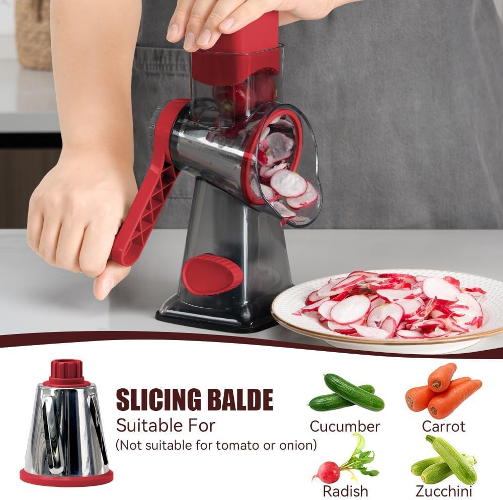 Rotary Cheese Grater Hand Crank Transparent - Shredder Slicer Grinder 3 Stainless Steel Blades, Stable Suction, Labor-Saving Handle, Safe Kitchen Tool for Cheese, Vegetable, Nuts, Chocolate — image 4 of 7