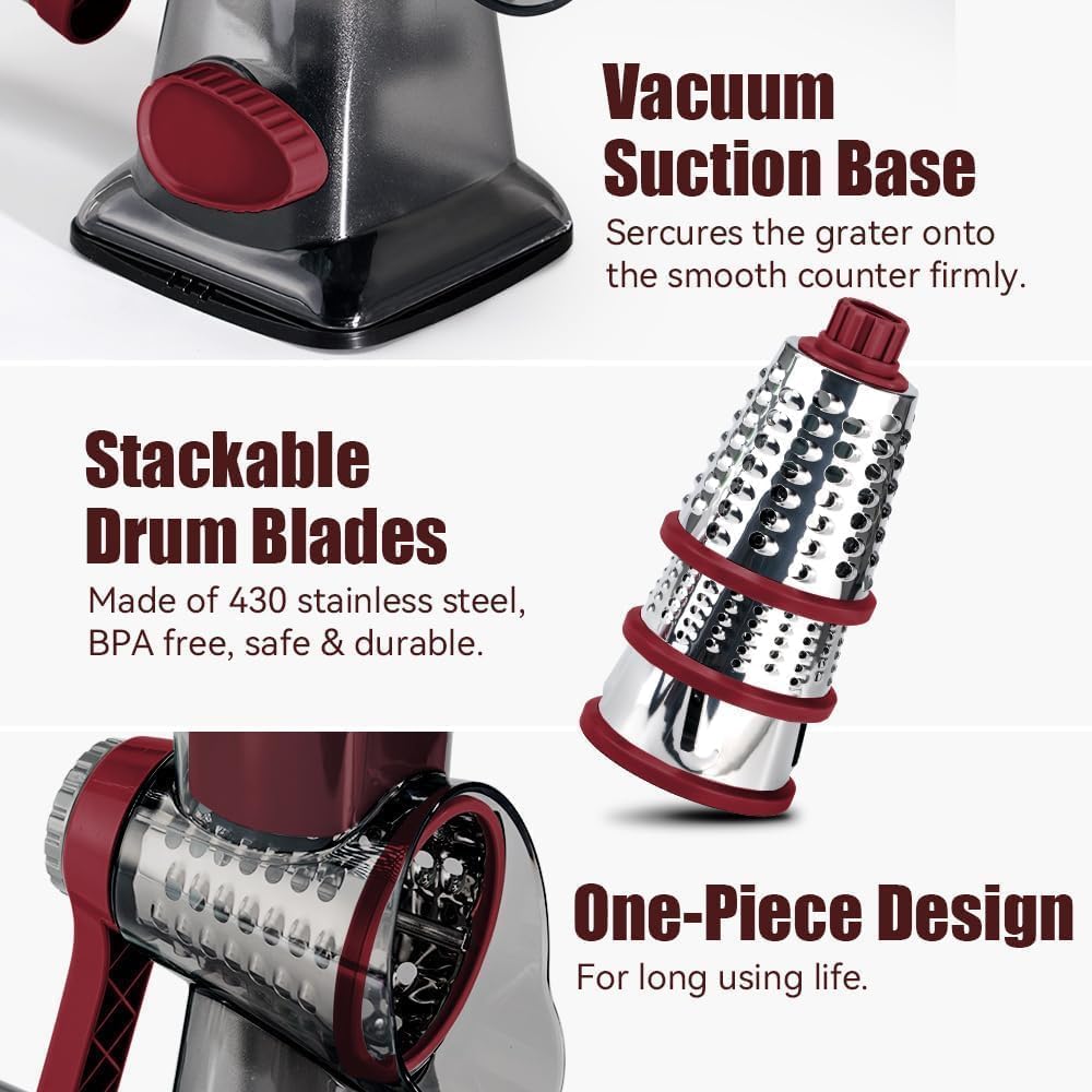 Rotary Cheese Grater Hand Crank Transparent - Shredder Slicer Grinder 3 Stainless Steel Blades, Stable Suction, Labor-Saving Handle, Safe Kitchen Tool for Cheese, Vegetable, Nuts, Chocolate — image 5 of 7