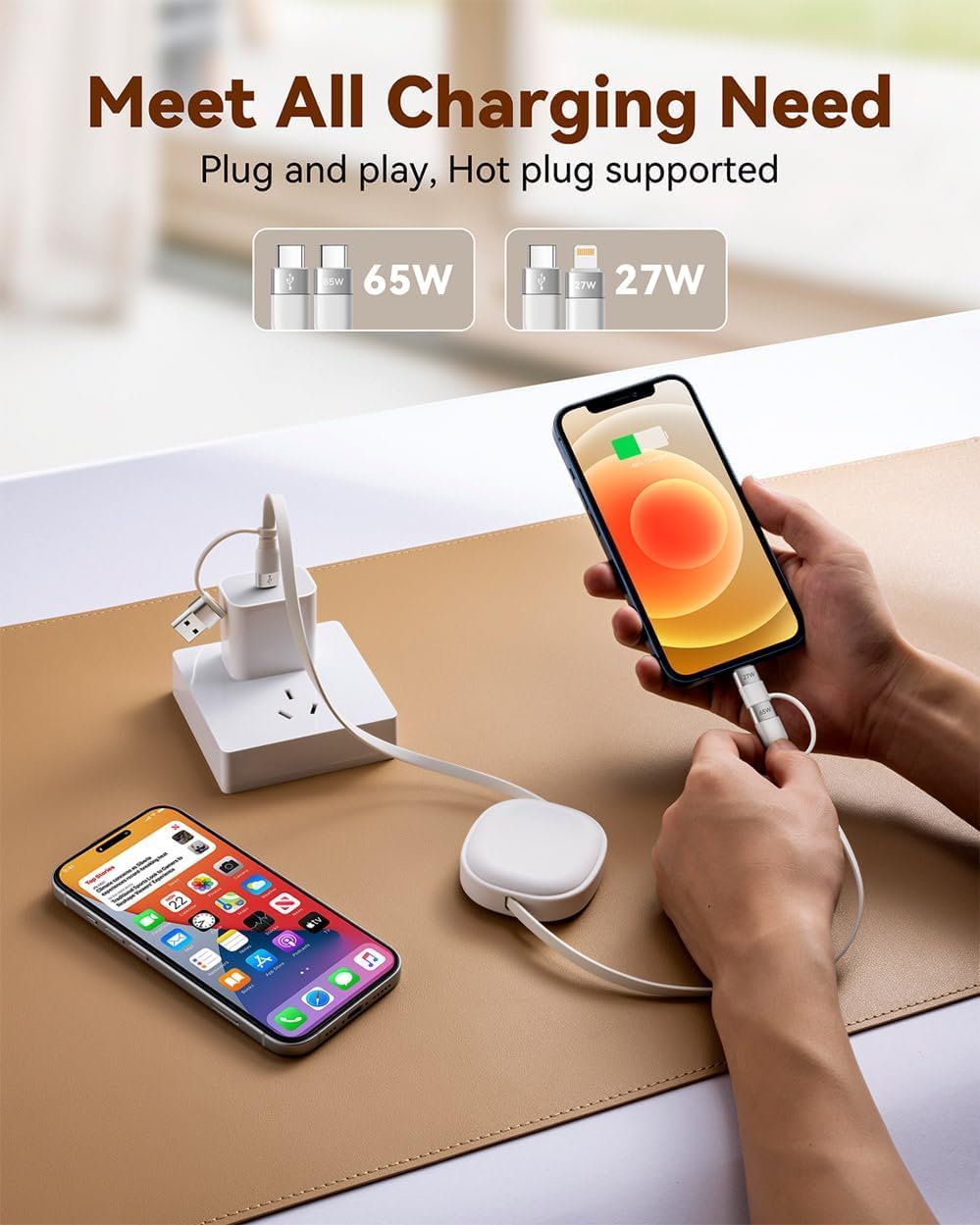 5 in 1 Retractable Car Charger Cable, 65W Multi Fast Charging Cord, USBC to C/Lightning Data Sync for iPhone 17 16 15 14 Pro Max,iPad,Samsung S25,PS5,Tablets & More-3.86Ft,White — image 4 of 9