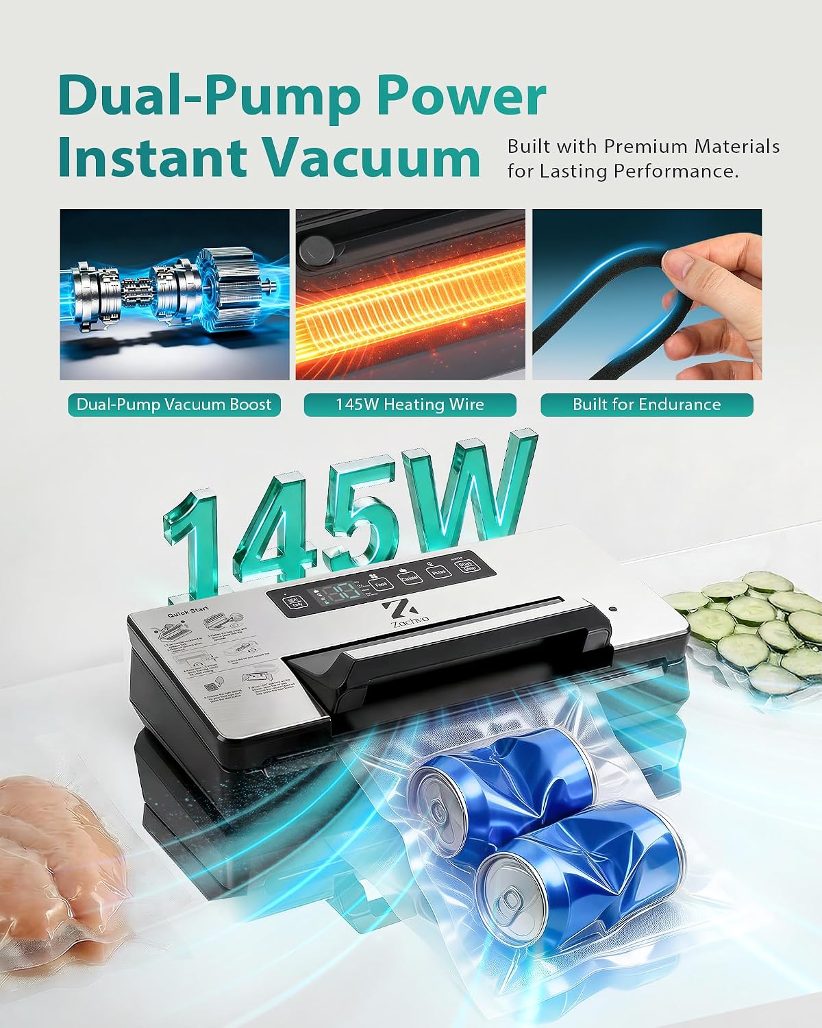 Vacuum Sealer for Food, Dual Pump, 5mm Seal for Meat, Meal Prep & Freezer — image 3 of 8