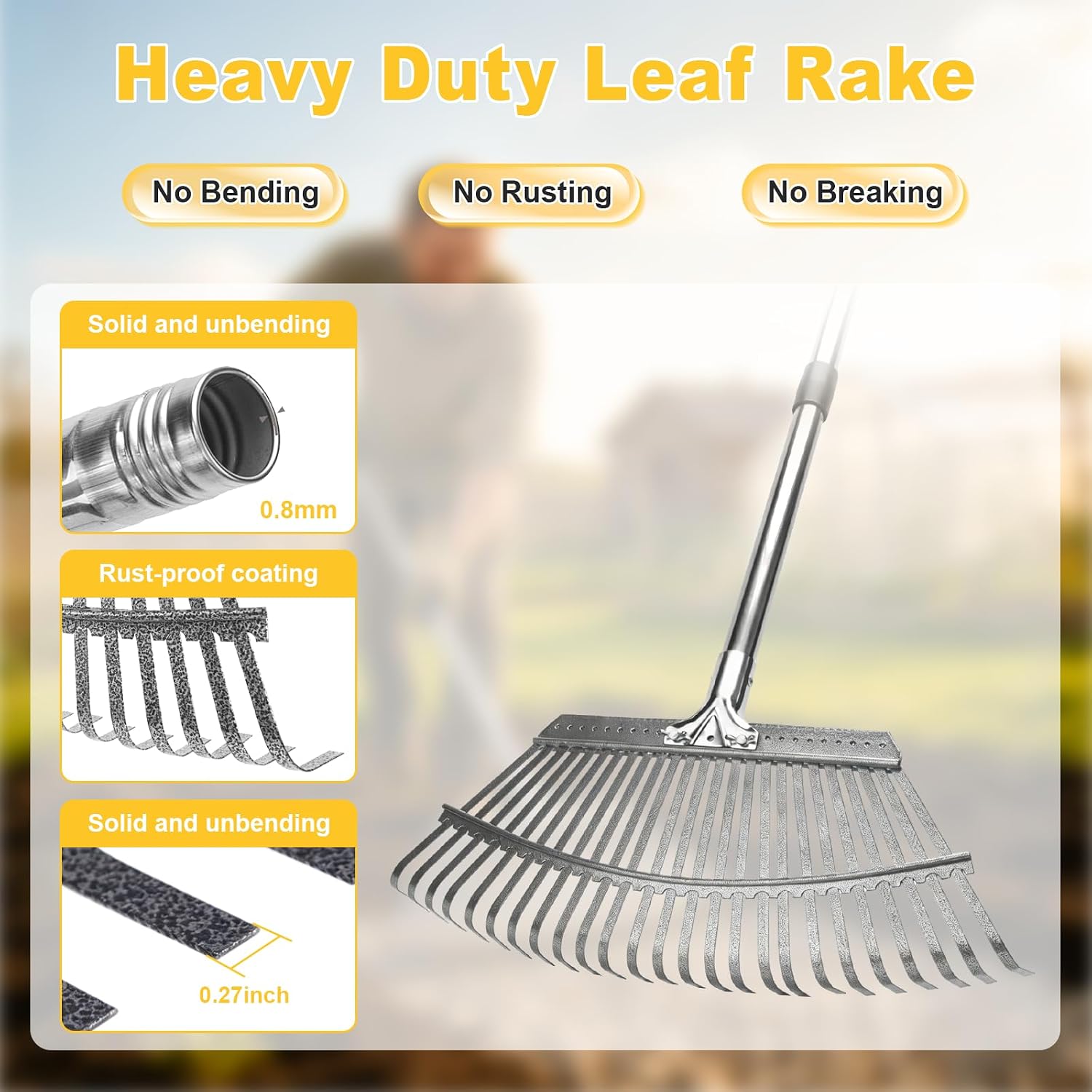 18-Inch Wide Heavy Duty Adjustable Metal Leaf Rake, 62-Inch Long Handle Garden Rake for Lawns, Grass, Flower Beds & Outdoor Yard Cleanup — image 2 of 7
