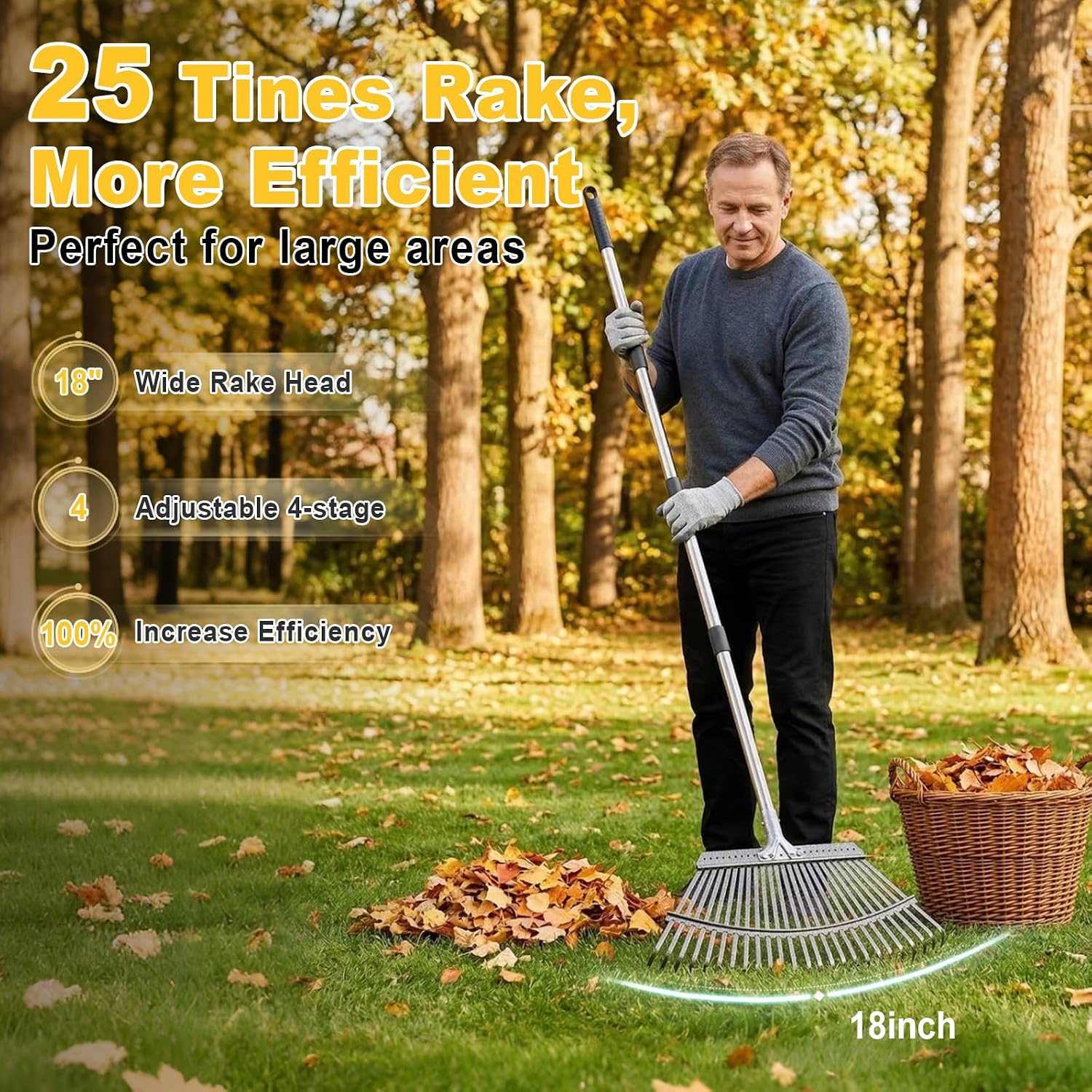 18-Inch Wide Heavy Duty Adjustable Metal Leaf Rake, 62-Inch Long Handle Garden Rake for Lawns, Grass, Flower Beds & Outdoor Yard Cleanup — image 3 of 7