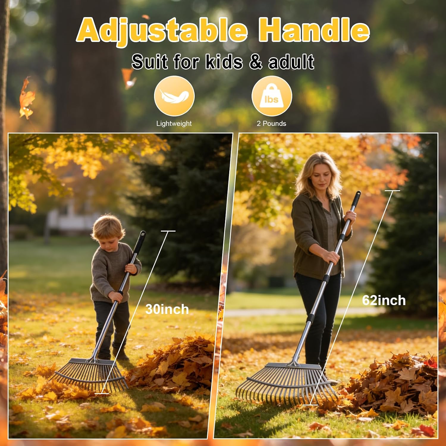 18-Inch Wide Heavy Duty Adjustable Metal Leaf Rake, 62-Inch Long Handle Garden Rake for Lawns, Grass, Flower Beds & Outdoor Yard Cleanup — image 4 of 7