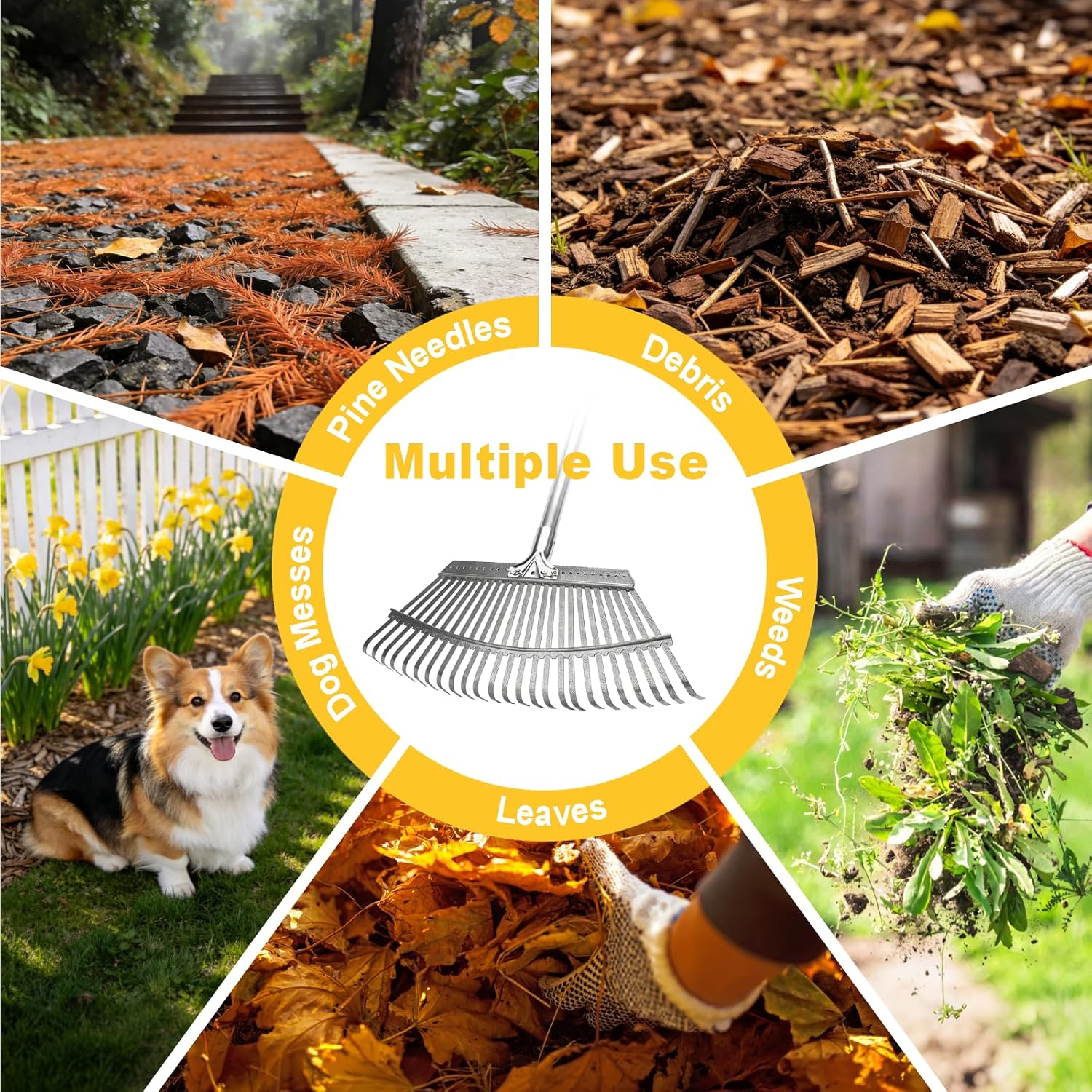 18-Inch Wide Heavy Duty Adjustable Metal Leaf Rake, 62-Inch Long Handle Garden Rake for Lawns, Grass, Flower Beds & Outdoor Yard Cleanup — image 6 of 7