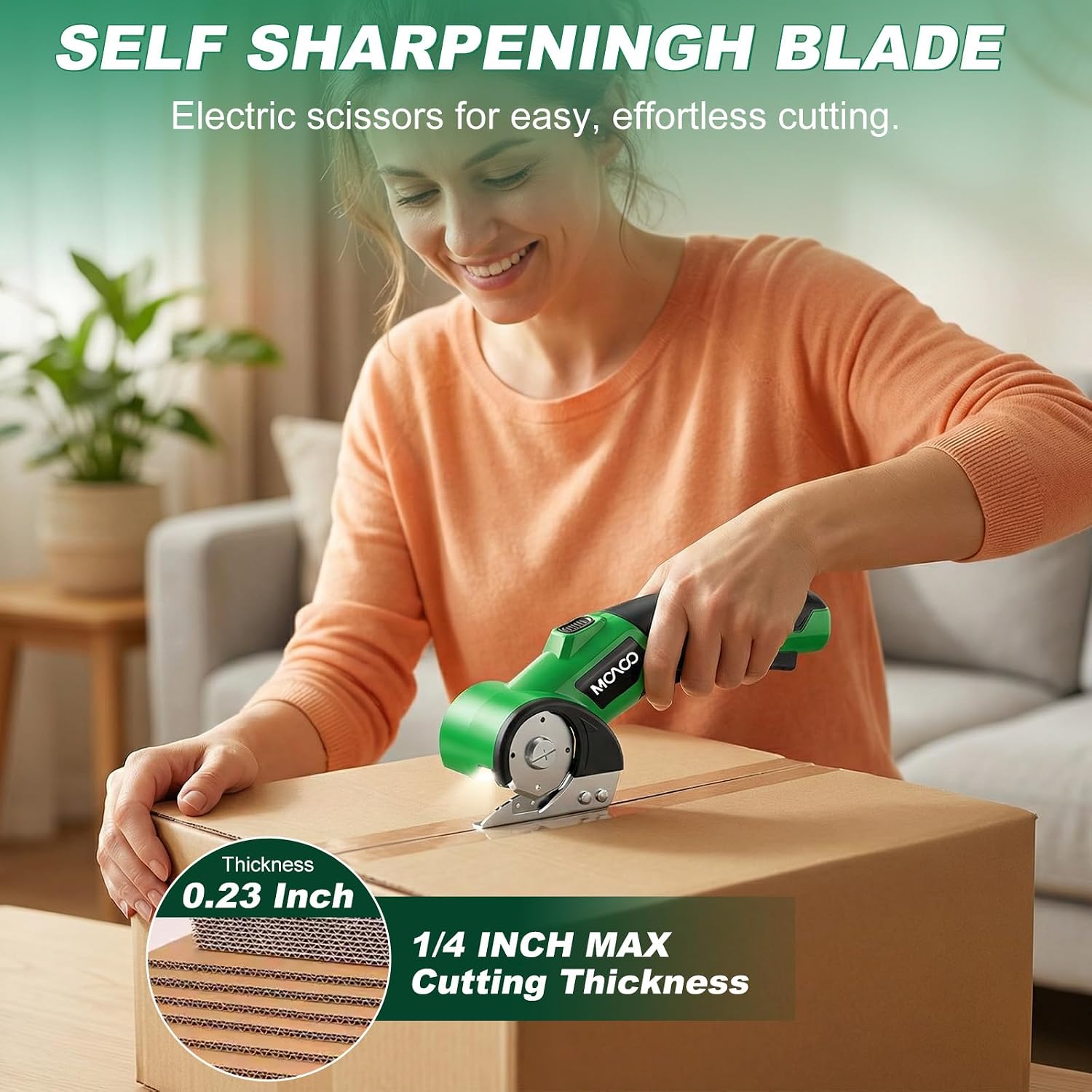 Electric Cardboard Cutter, Cordless Electric Scissors, 4V Electric Box Cutter with 2 Blades, Safety Lock & LED Light, Powerful Cutting for Cardboard Box, Plastic, Leather, Fabric — image 2 of 8