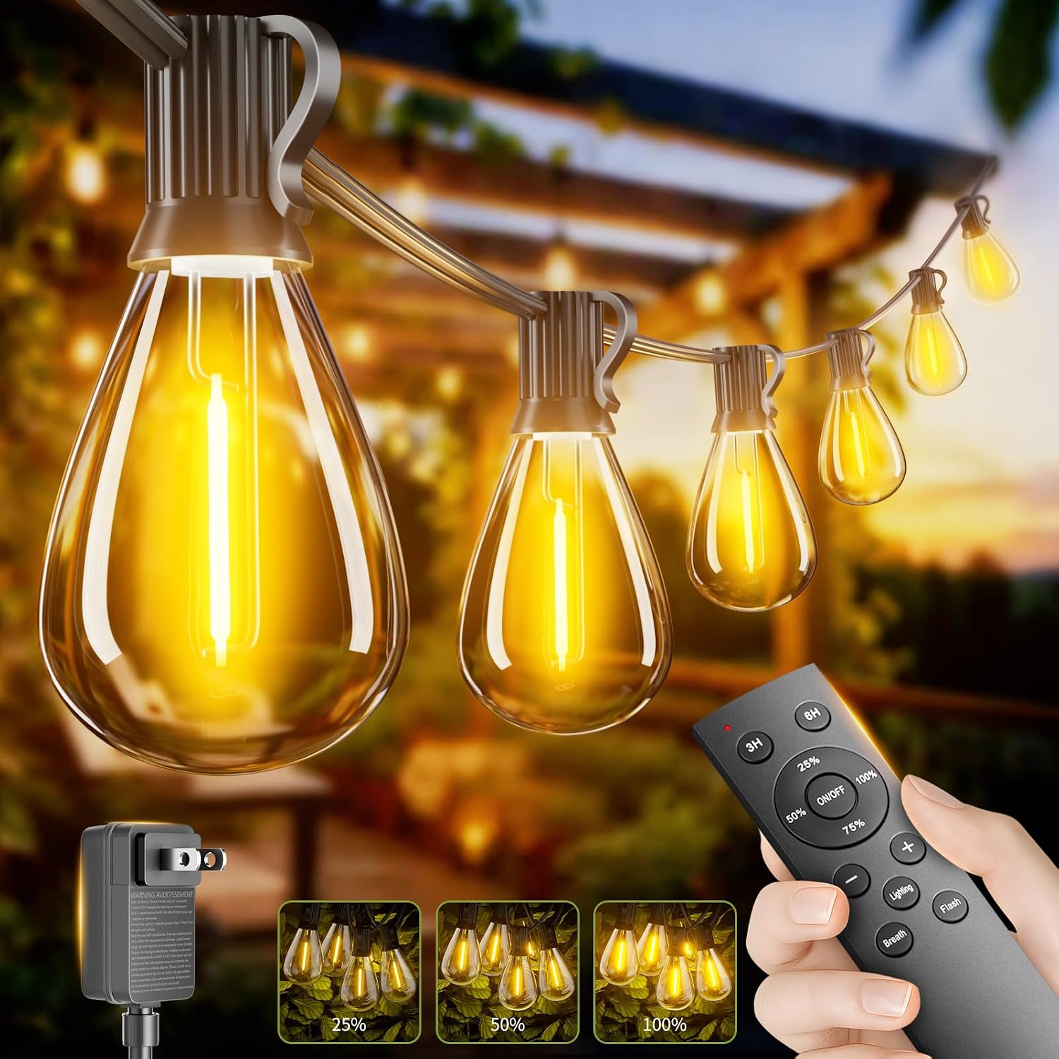 100FT Outdoor String Lights with Remote & Dimmable, 35+1 Shatterproof Waterproof Bulbs, Dimmable Outside Hanging Patio Lights for Backyard, Porch, Deck, Garden 2700K Warm White — image 10 of 12
