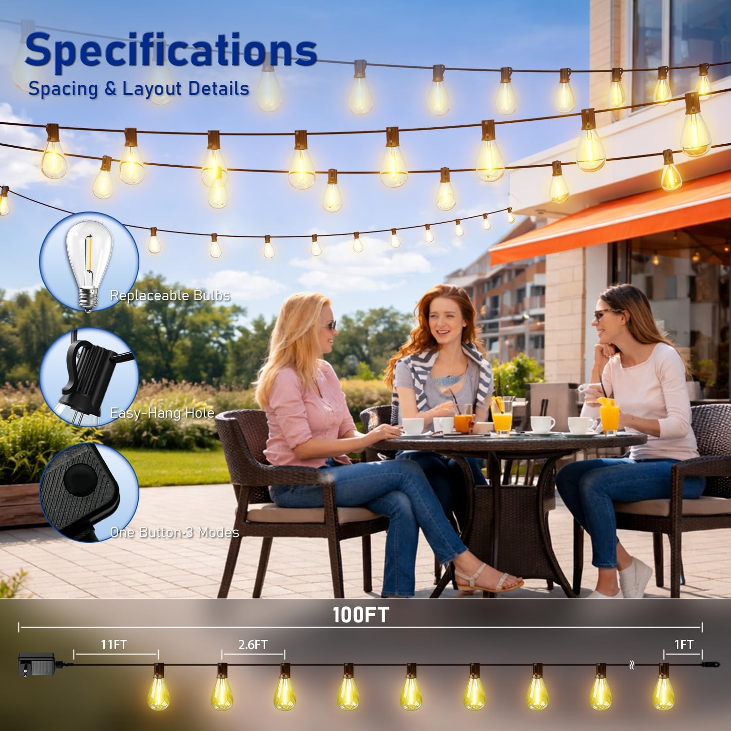 100FT Outdoor String Lights with Remote & Dimmable, 35+1 Shatterproof Waterproof Bulbs, Dimmable Outside Hanging Patio Lights for Backyard, Porch, Deck, Garden 2700K Warm White — image 7 of 12