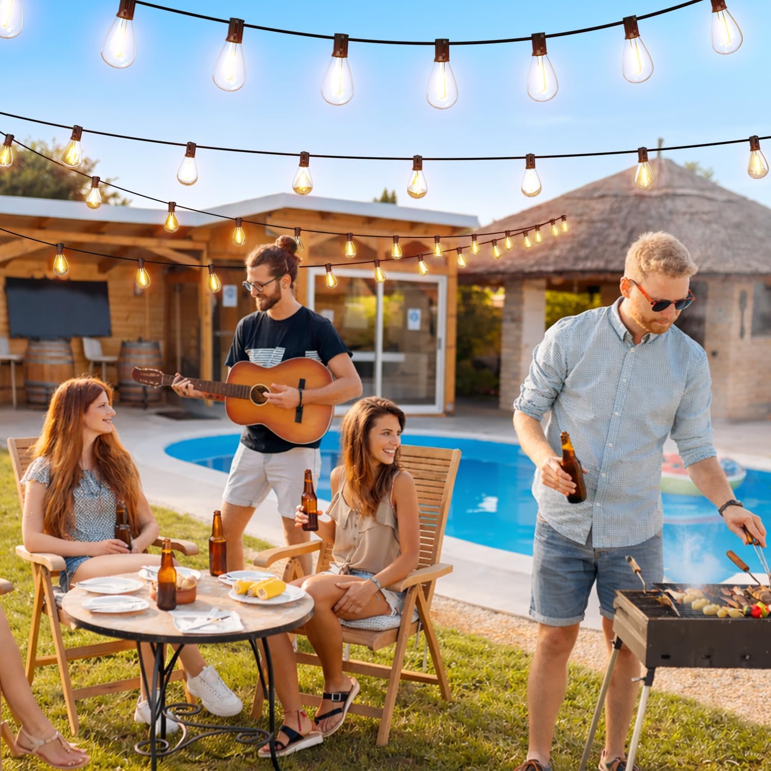100FT Outdoor String Lights with Remote & Dimmable, 35+1 Shatterproof Waterproof Bulbs, Dimmable Outside Hanging Patio Lights for Backyard, Porch, Deck, Garden 2700K Warm White — image 8 of 12