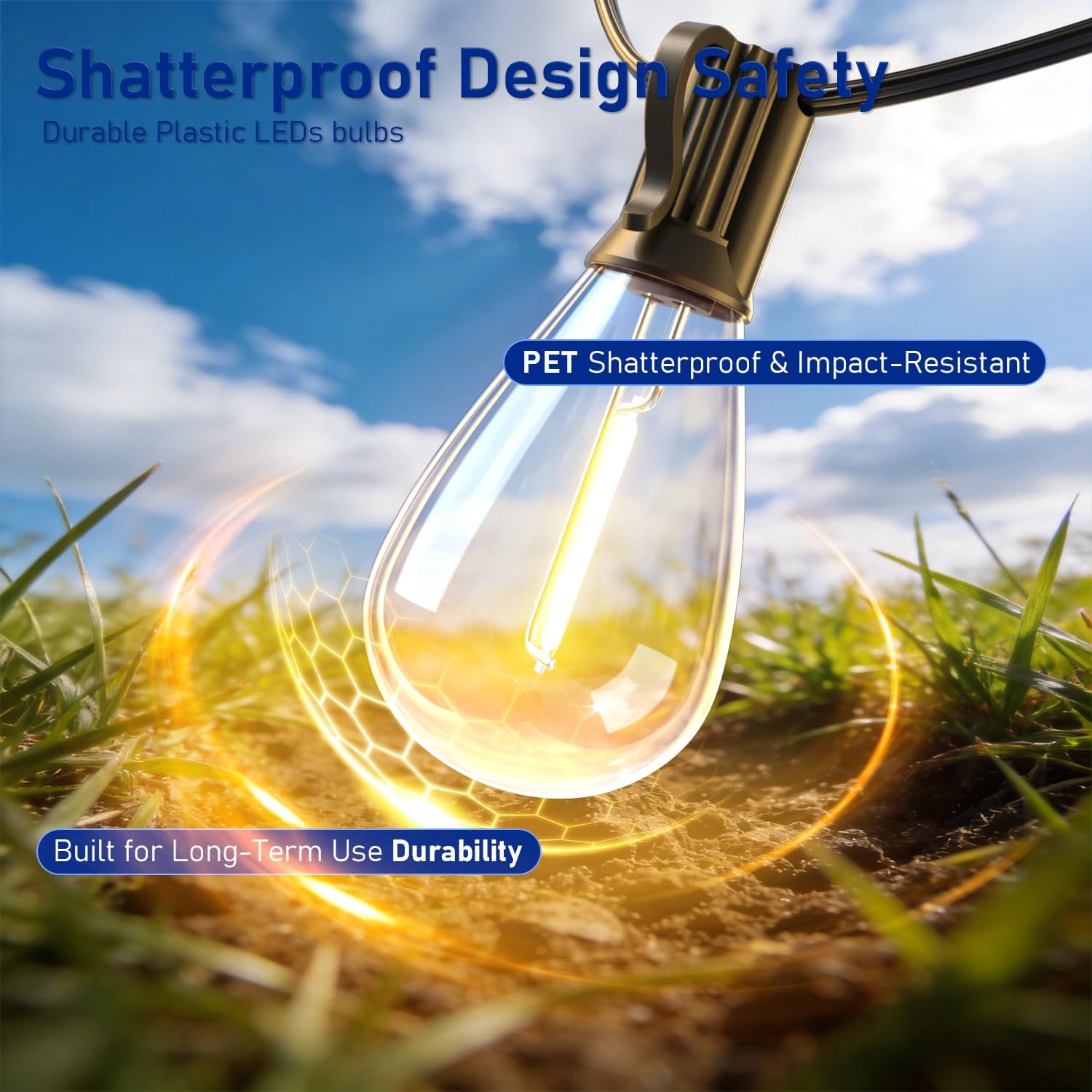 100FT Outdoor String Lights with Remote & Dimmable, 35+1 Shatterproof Waterproof Bulbs, Dimmable Outside Hanging Patio Lights for Backyard, Porch, Deck, Garden 2700K Warm White — image 9 of 12