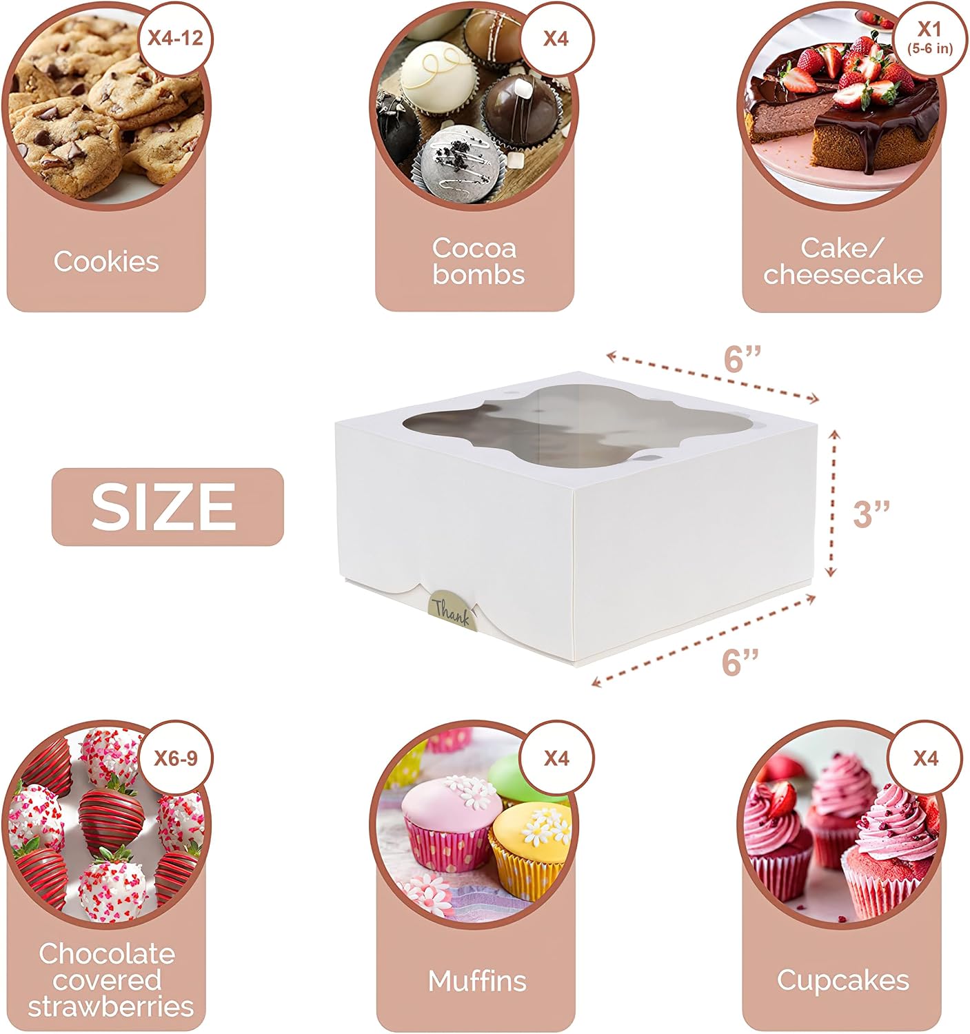 30 Pack 6x6x3in Cookie Boxes with Window, Pastry Boxes for Baked Goods — image 2 of 8