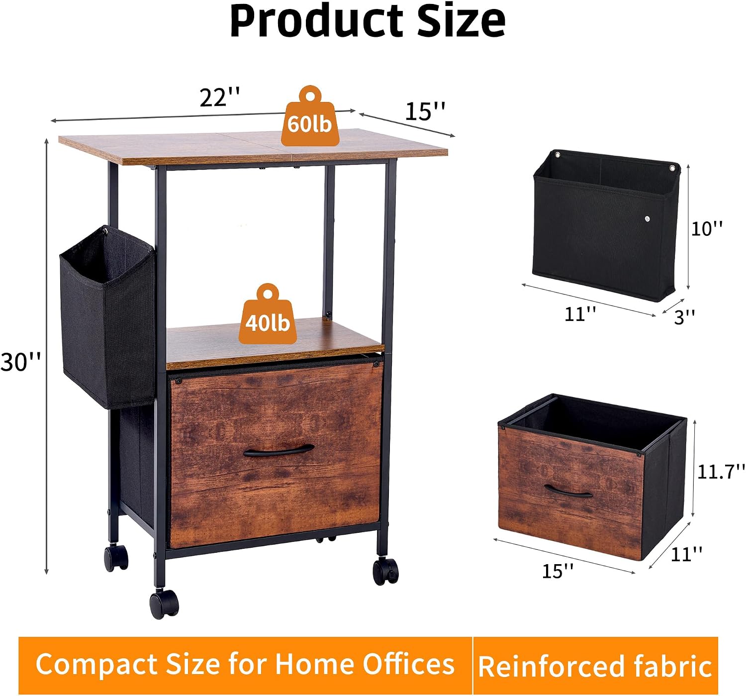 Printer Stand with Storage, 22" L×15" W×30" H, Rustic Brown — image 2 of 7