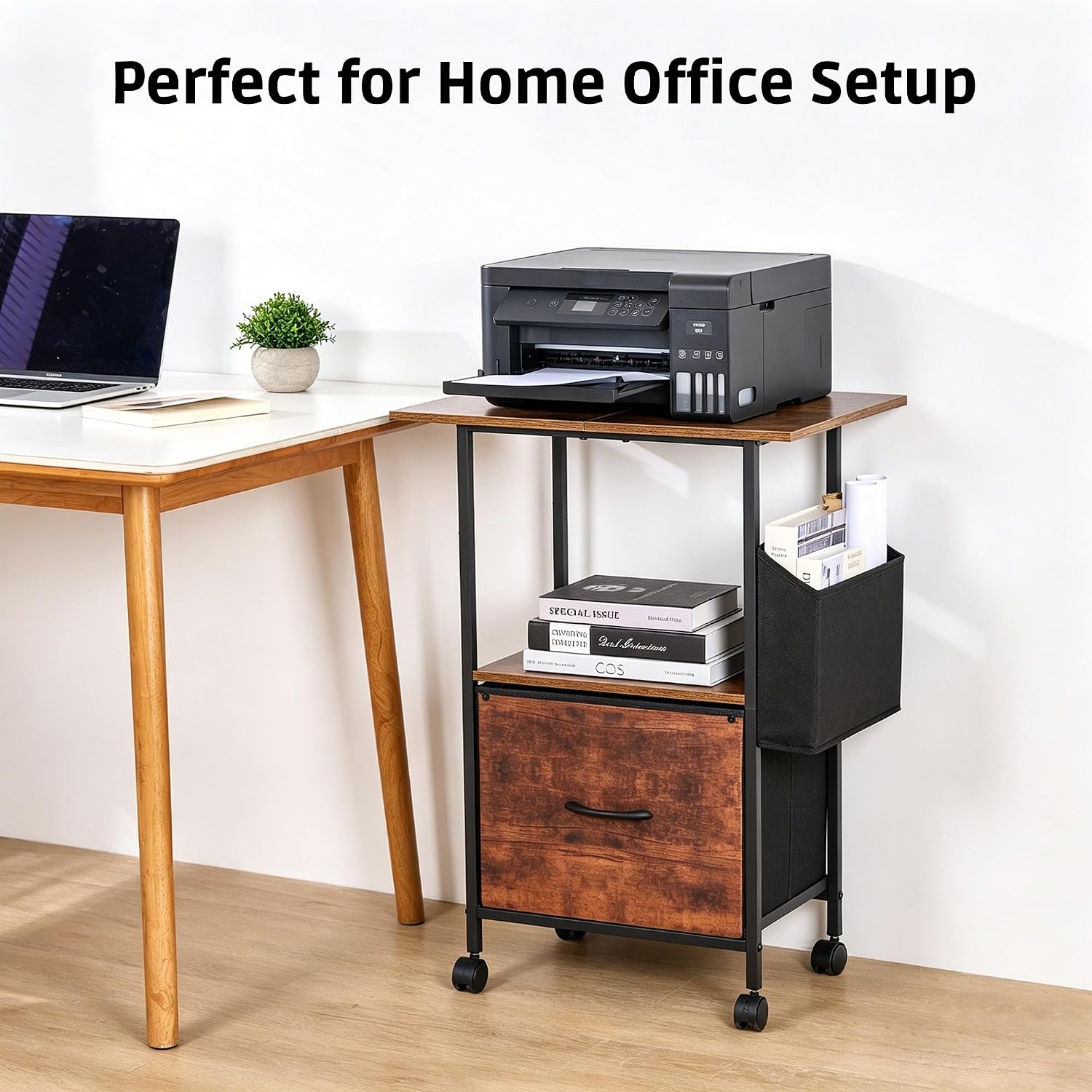 Printer Stand with Storage, 22" L×15" W×30" H, Rustic Brown — image 6 of 7