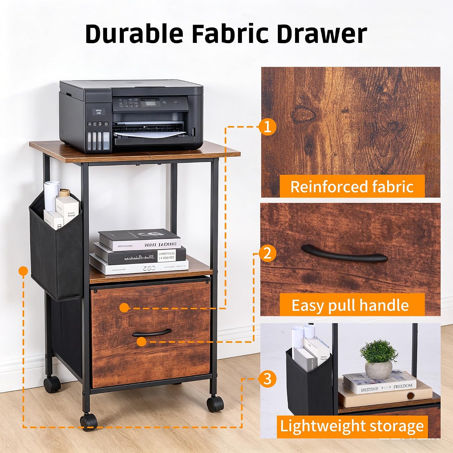 Printer Stand with Storage, 22" L×15" W×30" H, Rustic Brown — image 7 of 7