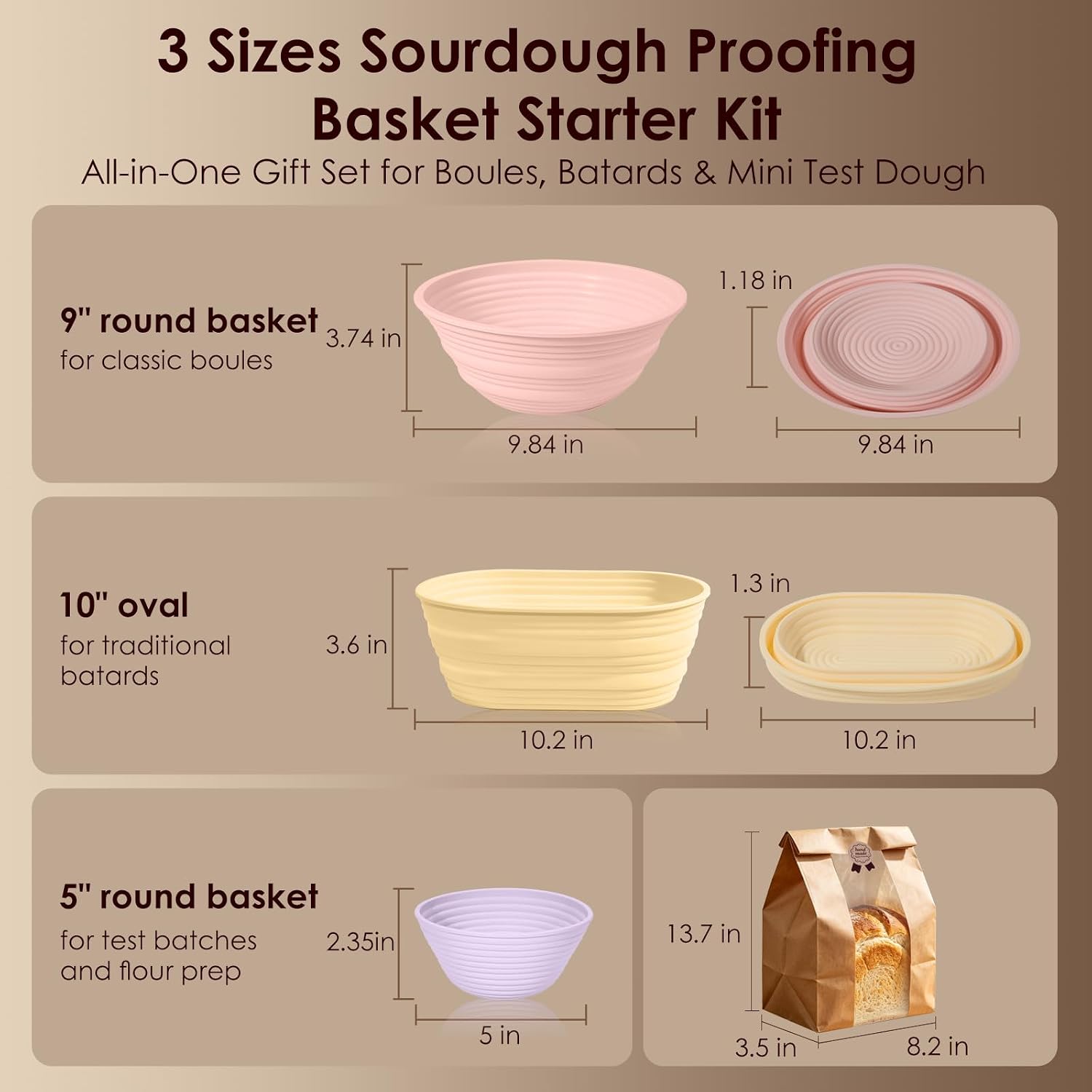Banneton Bread Proofing Basket, 3 Bread Baskets with Liner & Cover — image 5 of 8