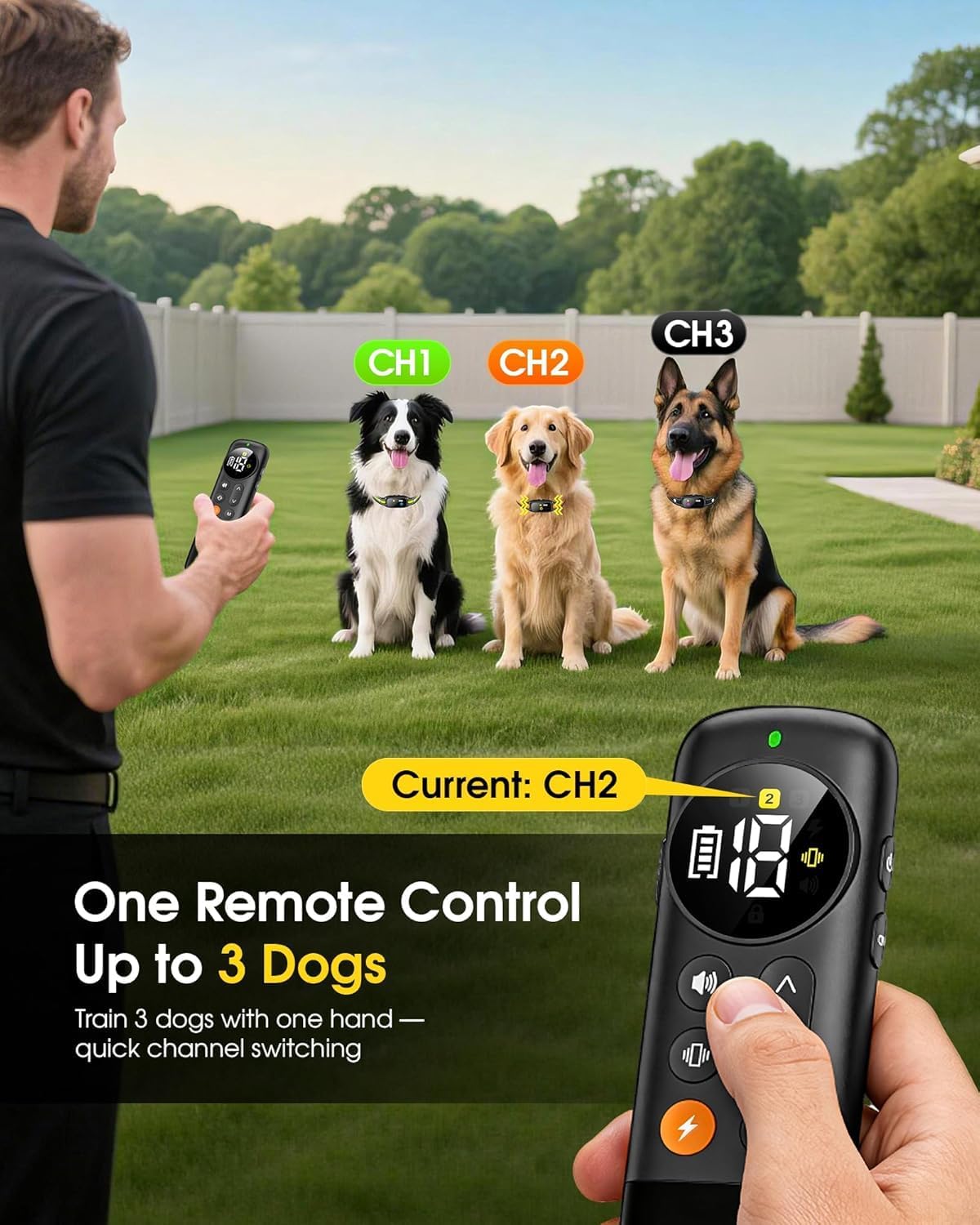 Dog Shock Collar for 3 Dogs with Remote, 3300FT Waterproof Dog Training Collar, Rechargeable 3-Channel E Collar with Beep, Vibration and Shock for Small Medium Large Dogs 10-120 lbs — image 2 of 8
