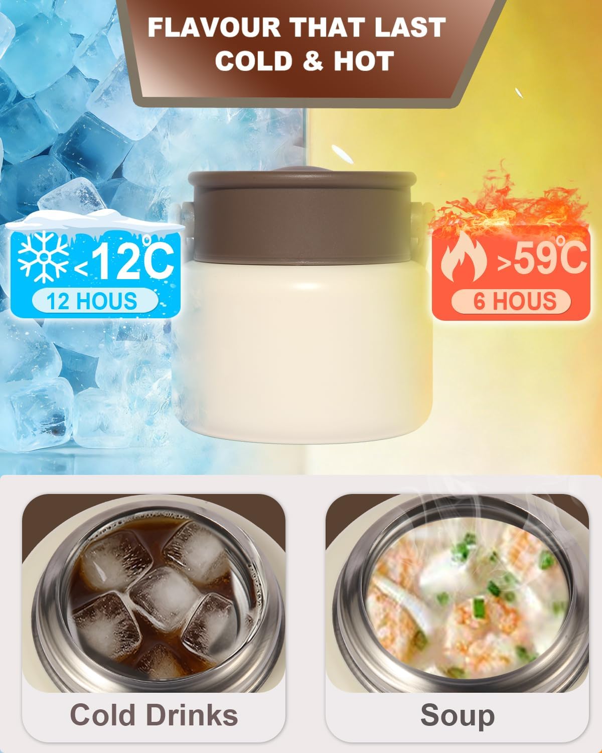 316 Stainless Steel Vacuum Insulated food jar for hot food lunch container, Soup Thermo For Kids/Adults lunch on the go 16 oz white brown — image 2 of 7