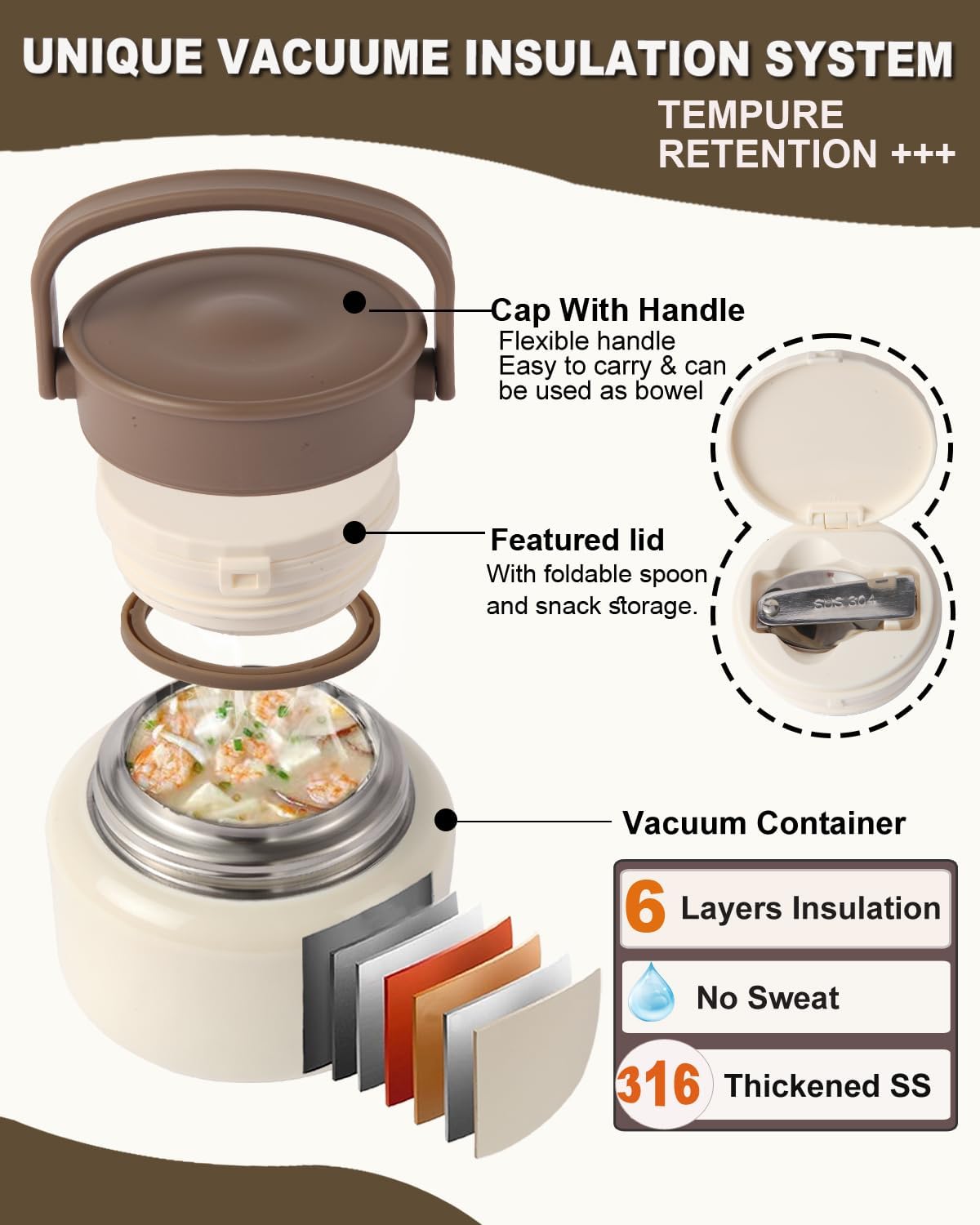 316 Stainless Steel Vacuum Insulated food jar for hot food lunch container, Soup Thermo For Kids/Adults lunch on the go 16 oz white brown — image 3 of 7