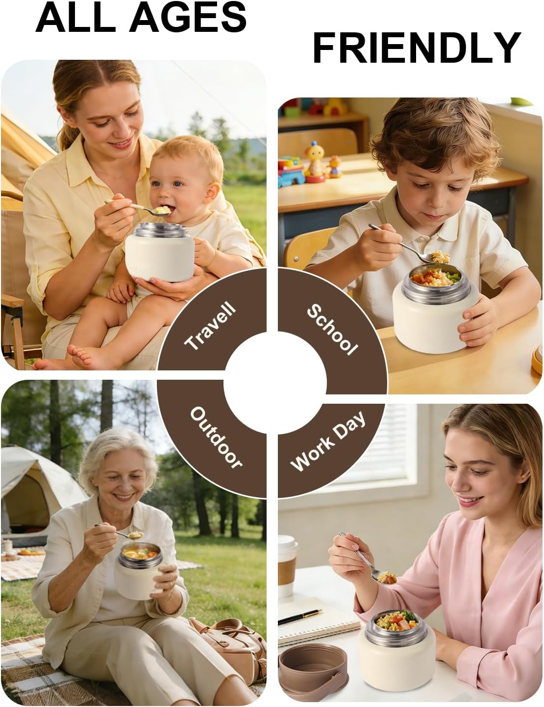 316 Stainless Steel Vacuum Insulated food jar for hot food lunch container, Soup Thermo For Kids/Adults lunch on the go 16 oz white brown — image 6 of 7