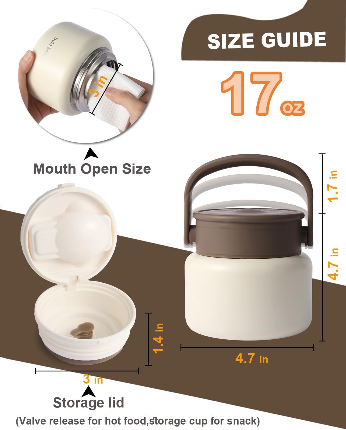 316 Stainless Steel Vacuum Insulated food jar for hot food lunch container, Soup Thermo For Kids/Adults lunch on the go 16 oz white brown — image 7 of 7