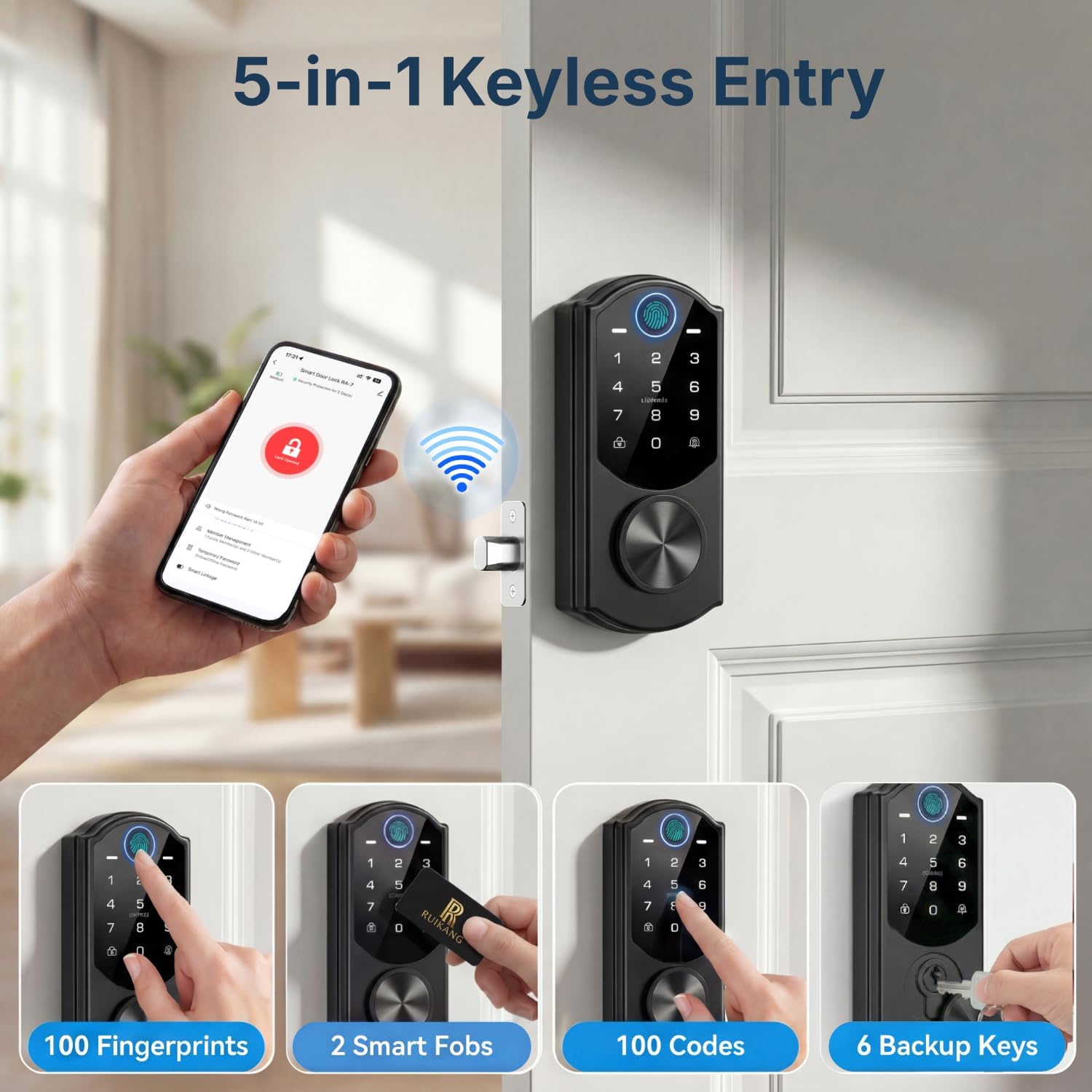 Keyless Entry Door Lock with Built-in WiFi, Fingerprint Smart Lock for Front Door, Touchscreen Keypad Deadbolt, App Remote Control, Auto Lock, Easy Installation — image 3 of 11