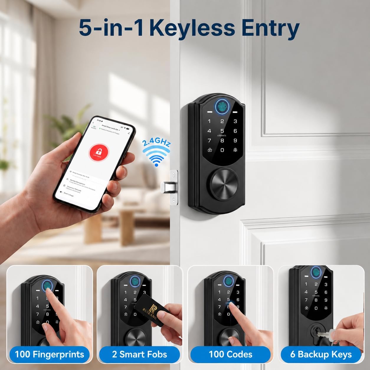 Keyless Entry Door Lock with Built-in WiFi, Fingerprint Smart Lock for Front Door, Touchscreen Keypad Deadbolt, App Remote Control, Auto Lock, Easy Installation — image 6 of 11