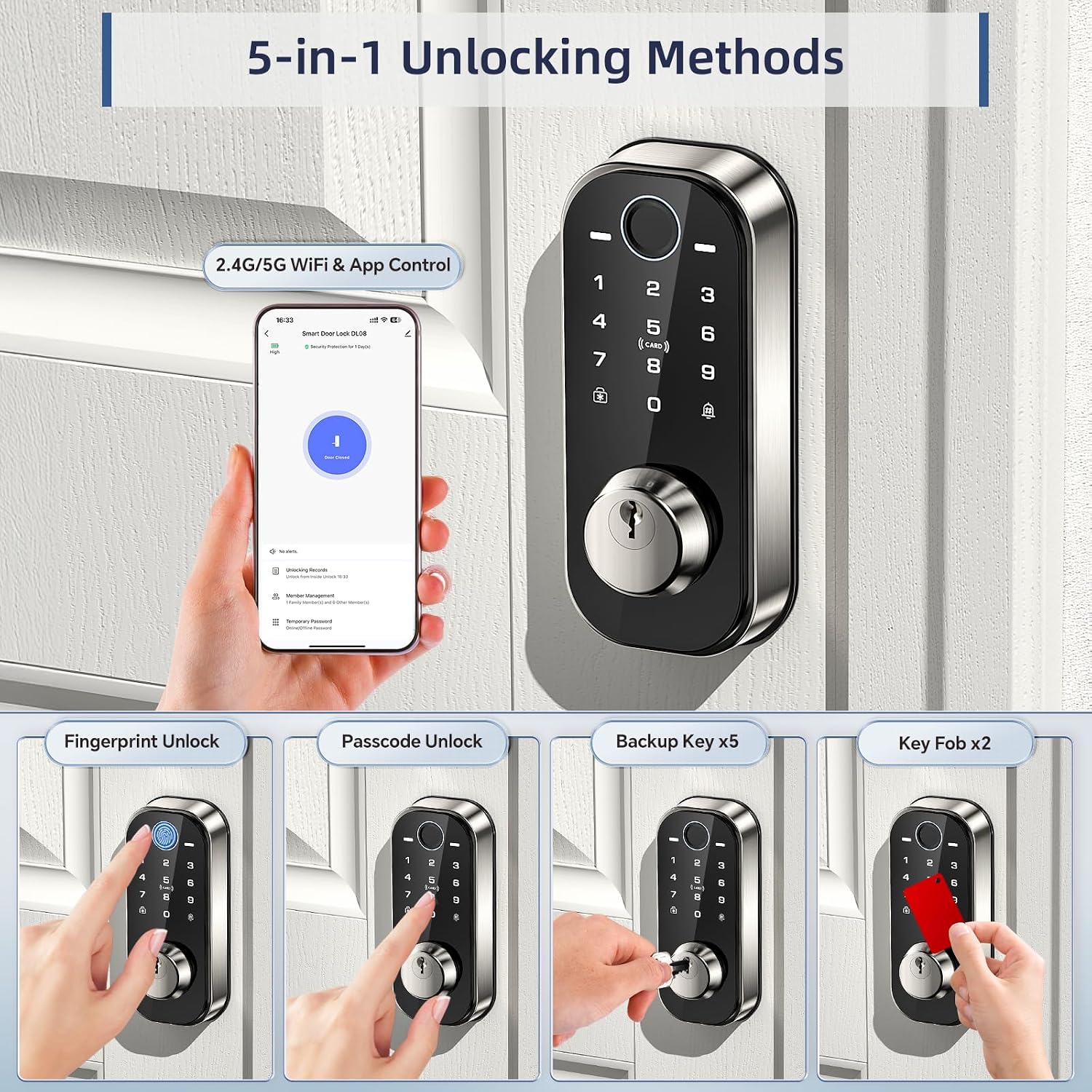 DL08 Fingerprint Keyless Entry Door Locks for Front Door, Silver — image 2 of 10