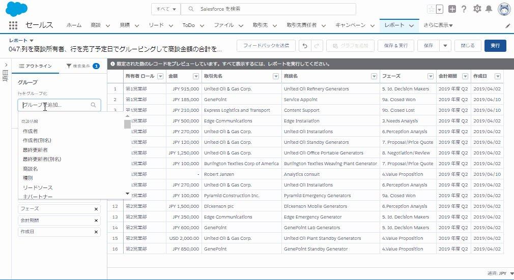 列を商談所有者、行を完了予定日でグルーピングして商談金額の