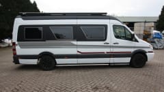 Completely restyled Mercedes Sprinter with XXL luxury fixed bed (double)