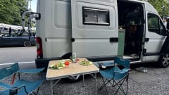 Atmospheric self-build camper van for 2 people (+ baby/small child)