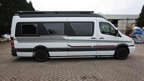 Completely restyled Mercedes Sprinter with XXL luxury fixed bed (double)