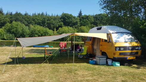 CHICO – cozy, neat, canary yellow oldtimer VW T3 for rent!