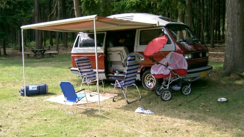Original retro Volkswagen T3 Dehler with complete camping equipment.