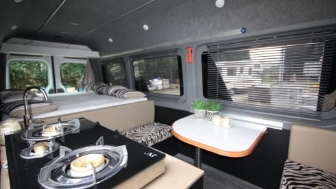 Completely restyled Mercedes Sprinter with XXL luxury fixed bed (double)