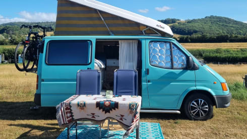 Retro turquoise camper, ready for a road trip. 