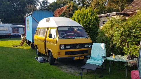 CHICO – cozy, neat, canary yellow oldtimer VW T3 for rent!