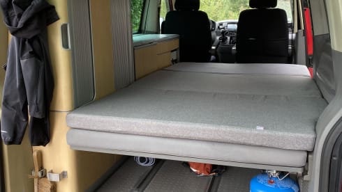 Red Volkswagen bus California T5