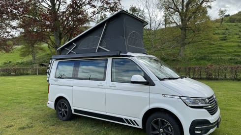 Witte VW California – Volkswagen CALIFORNIA T6 Edition (4p) from 2018. Possibly. with motorcycle trailer