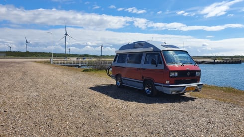 Original retro Volkswagen T3 Dehler with complete camping equipment.