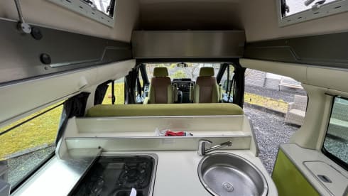 Beautiful Ford Transit Nugget with high roof, lots of space in a compact bus!