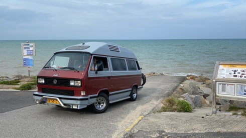 Original retro Volkswagen T3 Dehler with complete camping equipment.