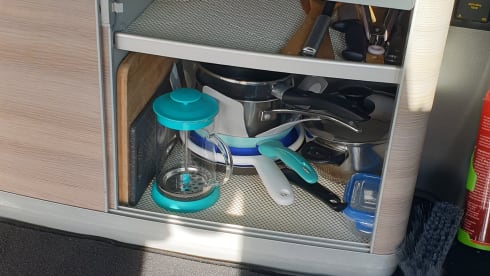 Blauw – Volkswagen T6 automatic California bus camper with pop-up roof.