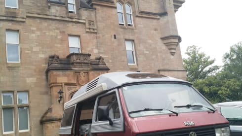 Original retro Volkswagen T3 Dehler with complete camping equipment.