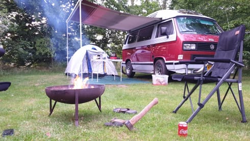 Original retro Volkswagen T3 Dehler with complete camping equipment.