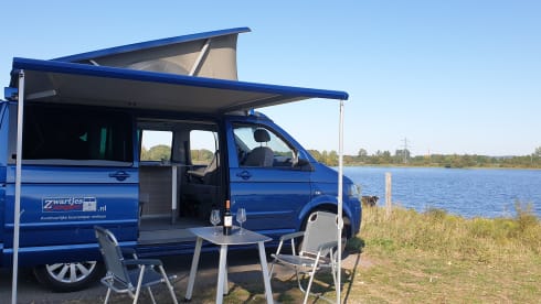 Blauw – Volkswagen T5 California Bus camper with pop-up roof.